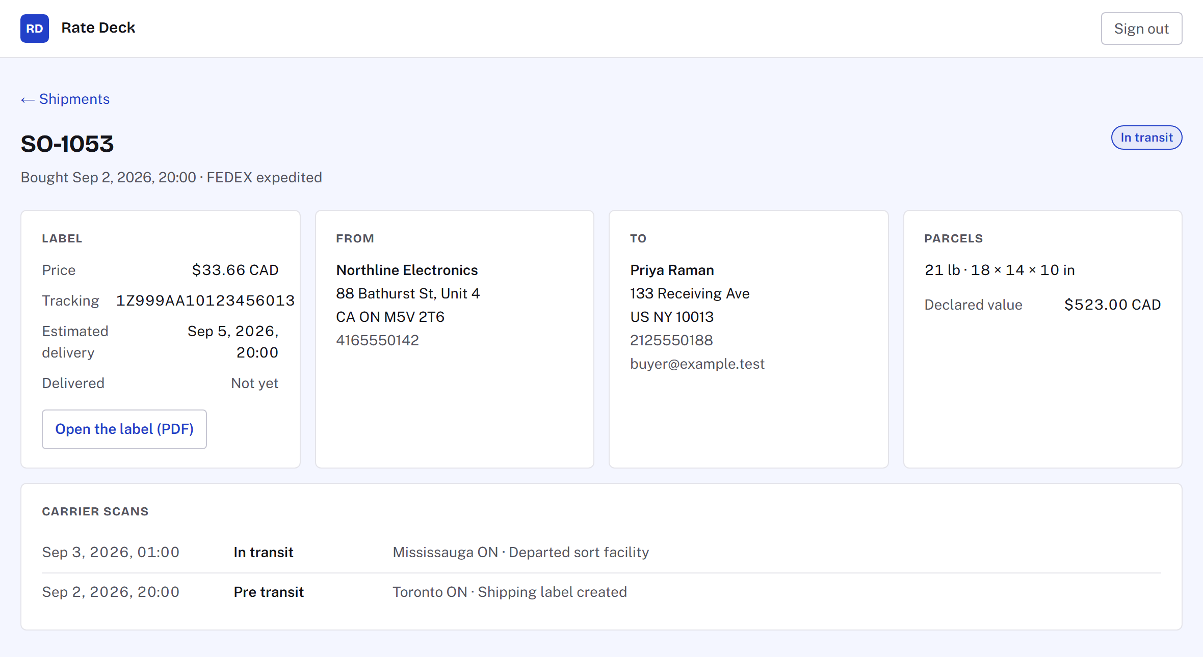 The LabelsDock dashboard showing one shipment, order SO-1053, bought on 2 September 2026 by FedEx and marked in transit. Panels show the price of $33.66 CAD and its tracking number, the sender in Toronto, the recipient in New York, and a 21 lb parcel with a declared value of $523.00 CAD. Below them, two carrier scans: a label created in Toronto and a departure from the Mississauga sort facility.